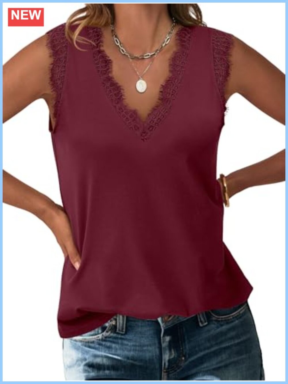 Lace Trim V Neck Sleeveless Tank Top Womens Summer Casual Cami Shirt